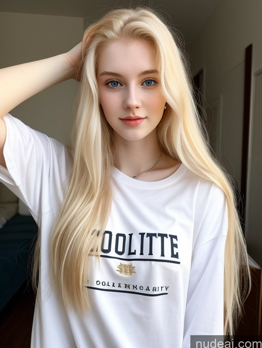 ai nude image of blonde woman with long hair wearing a white shirt and jeans pics of Sorority Beautiful Fairer Skin 18 Blonde Long Hair Russian Shirt