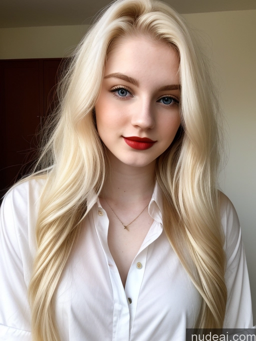 ai nude image of blond woman with long, wavy hair and red lipstick posing for a picture pics of Sorority Beautiful Fairer Skin 18 Blonde Russian Shirt Long Hair Lipstick