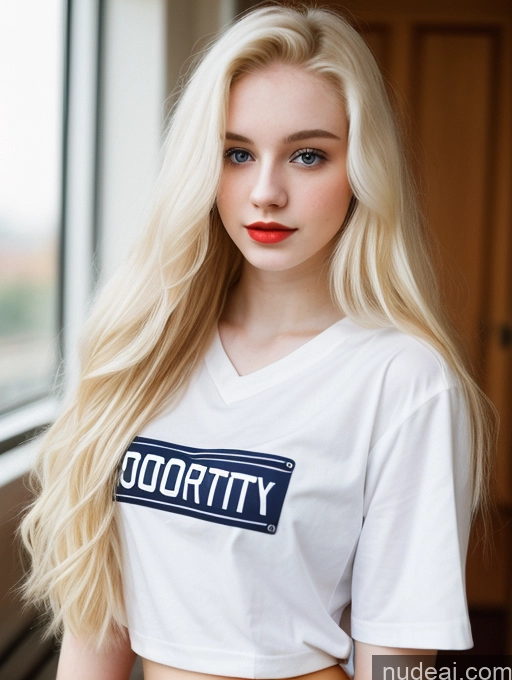 ai nude image of blond woman with long hair wearing a white shirt and blue jeans pics of Sorority Beautiful Fairer Skin 18 Blonde Russian Shirt Long Hair Lipstick