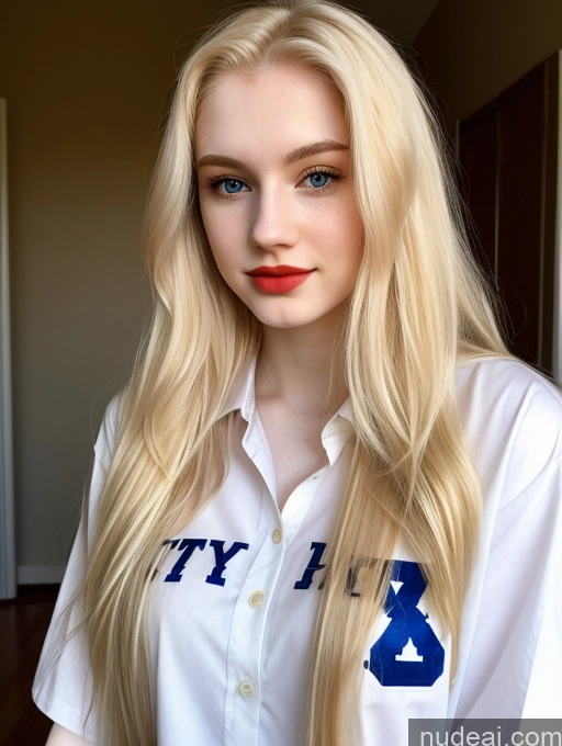 ai nude image of blond woman with long hair wearing a white shirt and blue letters pics of Sorority Beautiful Fairer Skin 18 Blonde Russian Shirt Long Hair Lipstick