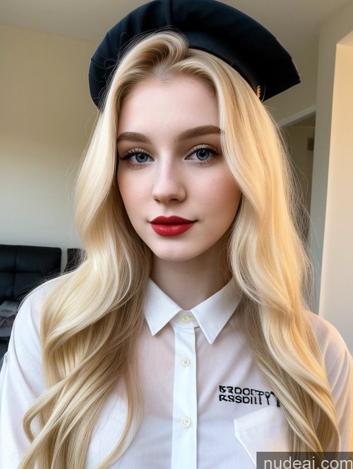 ai nude image of blonde woman with a black hat and white shirt and red lipstick pics of Sorority Beautiful Fairer Skin 18 Blonde Russian Shirt Long Hair Lipstick