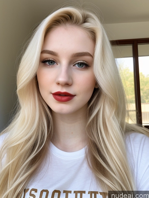 ai nude image of blond woman with long, wavy hair wearing a white shirt pics of Sorority Beautiful Fairer Skin 18 Blonde Russian Shirt Long Hair Lipstick