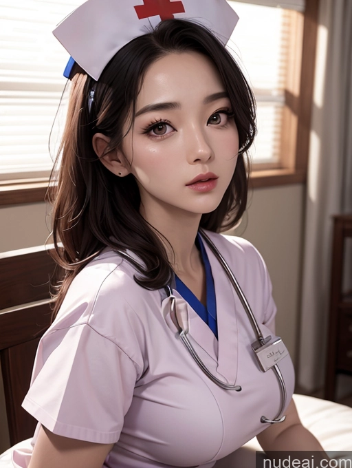 ai nude image of arafed woman in a nurse uniform sitting on a bed pics of Korean Perfect Boobs Nurse