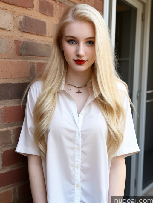 ai nude image of blonde woman with long hair and blue eyes standing in front of a brick wall pics of Sorority Beautiful Fairer Skin 18 Blonde Russian Shirt Long Hair Lipstick