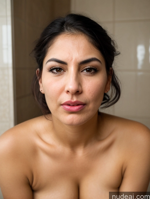 ai nude image of arafed woman with a very big breast in a bathroom pics of Close-up View Seductive Serious Sad Sexy Face Shocked Laughing Busty Tanned Skin Jewish Black Hair Bobcut Bathroom Milf Pouting Lips 20s Angry Happy Pubic Hair Tall Bending Over