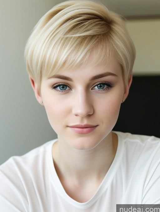 ai nude image of blond woman with blue eyes and short hair posing for a picture pics of Woman Beautiful Fairer Skin 18 Blonde Pixie Russian Close-up View Shirt