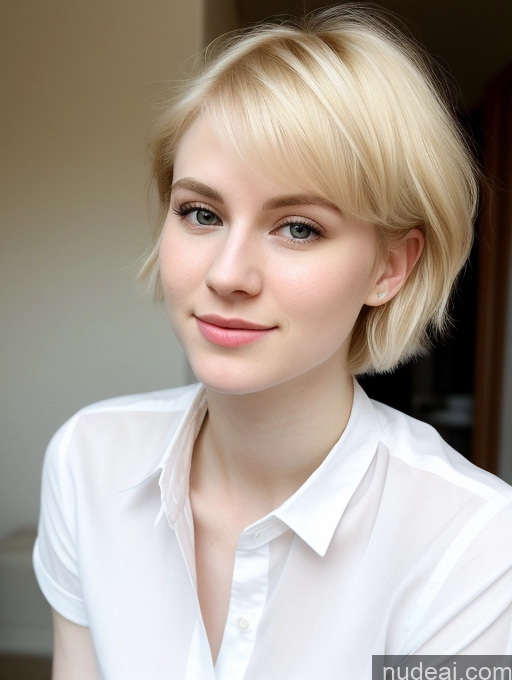 ai nude image of blond woman with short hair and white shirt posing for a picture pics of Woman Beautiful Fairer Skin 18 Blonde Pixie Russian Close-up View Shirt