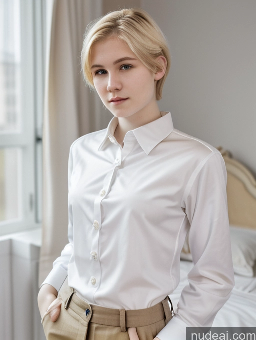 ai nude image of blond woman in white shirt and tan pants standing in front of a window pics of Woman Beautiful Fairer Skin 18 Blonde Pixie Russian Shirt Bedroom