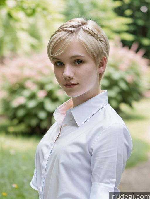 ai nude image of blonde woman with short hair wearing a white shirt and pink bow tie pics of Woman Beautiful Fairer Skin 18 Blonde Pixie Shirt Russian