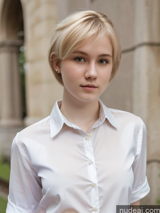 ai nude image of blond woman in white shirt and black pants standing in front of a building pics of Woman Beautiful Fairer Skin 18 Blonde Pixie Shirt Russian Close-up View