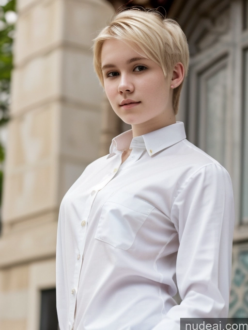 ai nude image of blond woman in white shirt and black pants standing in front of a building pics of Woman Beautiful Fairer Skin 18 Blonde Pixie Shirt Russian Close-up View