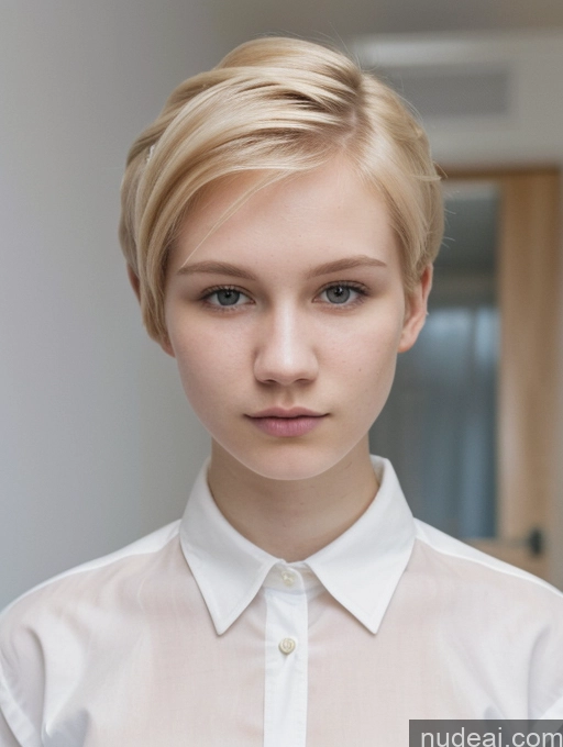 ai nude image of blond woman with short hair and white shirt posing for a picture pics of Woman Beautiful Fairer Skin 18 Blonde Pixie Shirt Russian Close-up View