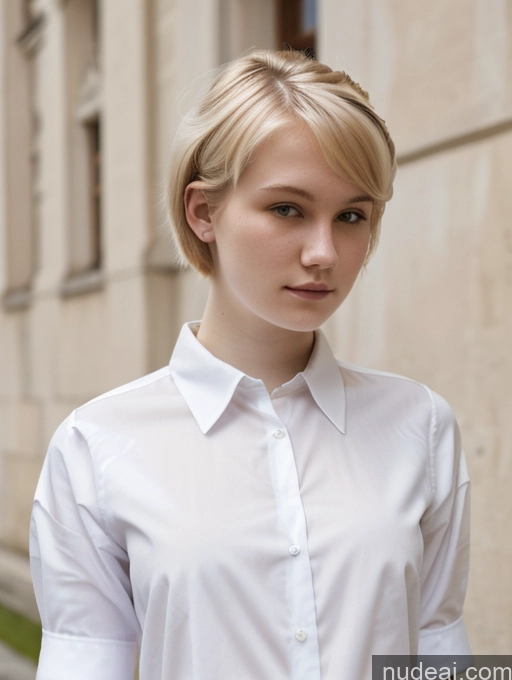 ai nude image of blond woman in white shirt and black pants standing in front of a building pics of Woman Beautiful Fairer Skin 18 Blonde Pixie Shirt Russian Close-up View