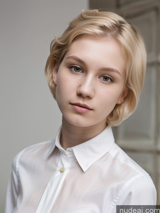 ai nude image of blond woman with short hair wearing a white shirt and tie pics of Woman Beautiful Fairer Skin 18 Blonde Pixie Shirt Russian Close-up View