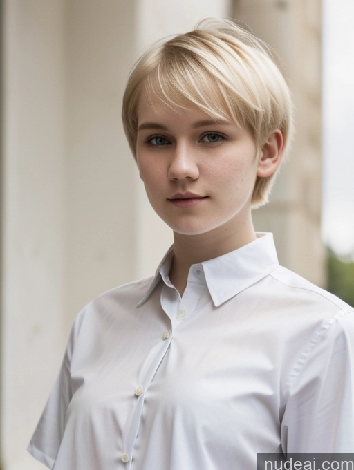 ai nude image of blond woman with short hair wearing white shirt and black pants pics of Woman Beautiful Fairer Skin 18 Blonde Short Hair Russian Close-up View Shirt