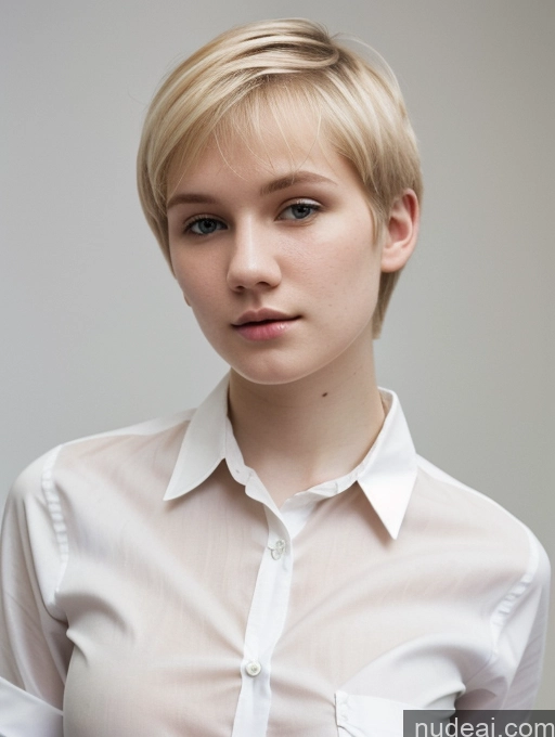 ai nude image of blond woman with short hair wearing a white shirt and a tie pics of Woman Beautiful Fairer Skin 18 Blonde Short Hair Russian Close-up View Shirt