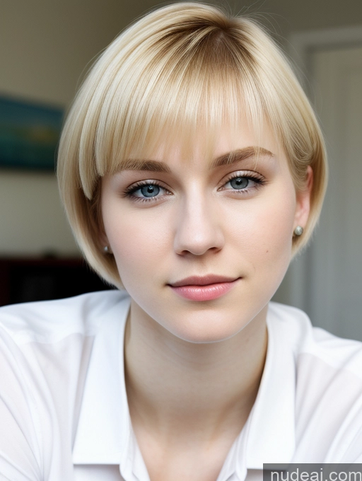 ai nude image of blond woman with short hair and blue eyes posing for a picture pics of Woman Beautiful Fairer Skin 18 Blonde Short Hair Russian Close-up View Shirt