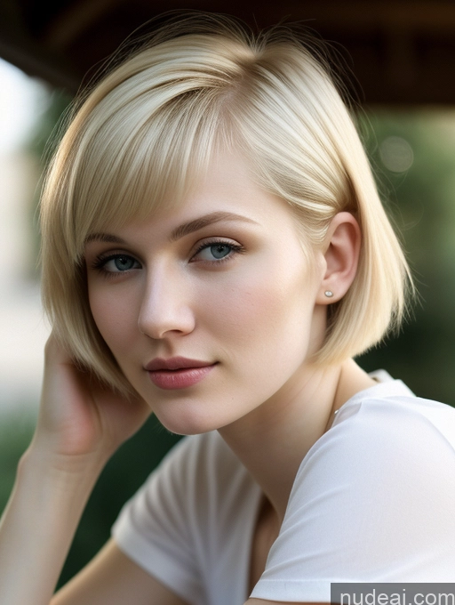 ai nude image of blond woman with short hair and blue eyes sitting on a bench pics of Woman Beautiful Fairer Skin 18 Blonde Short Hair Russian Close-up View Shirt