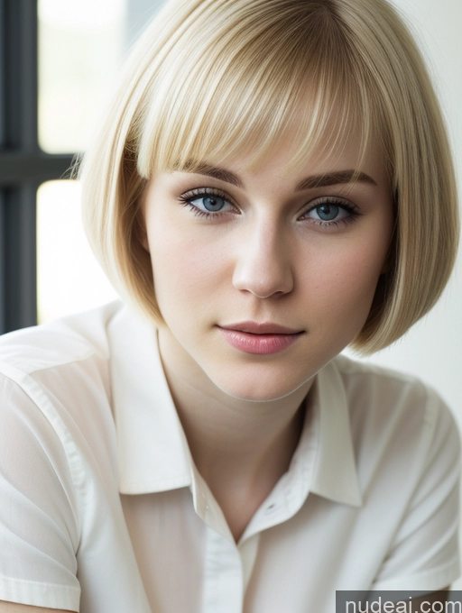 ai nude image of blond woman with blue eyes and a white shirt posing for a picture pics of Woman Beautiful Fairer Skin 18 Blonde Short Hair Russian Close-up View Shirt