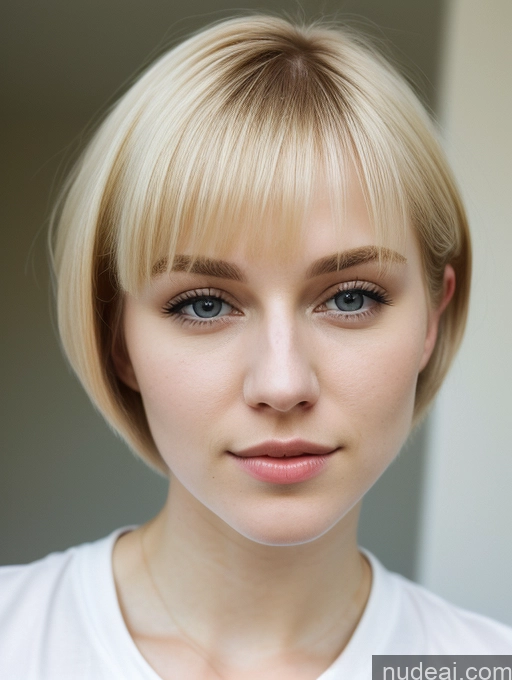 ai nude image of blond woman with short hair and blue eyes posing for a picture pics of Woman Beautiful Fairer Skin 18 Blonde Short Hair Russian Close-up View Shirt