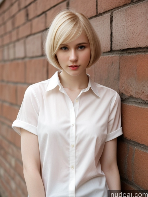 ai nude image of blond woman in white shirt leaning against brick wall with hand on hips pics of Woman One Beautiful Fairer Skin 18 Blonde Short Hair Russian Shirt