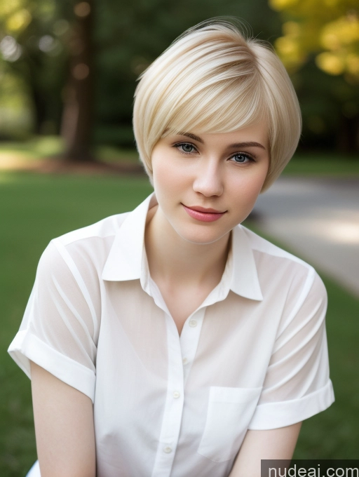 ai nude image of blond woman with short hair sitting on a bench in a park pics of Woman One Beautiful Fairer Skin 18 Blonde Short Hair Russian Shirt Close-up View