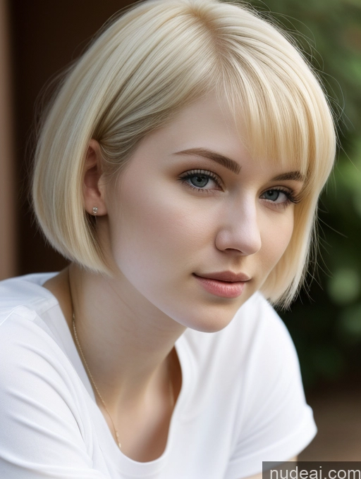 ai nude image of blond woman with short hair and blue eyes sitting on a bench pics of Woman One Beautiful Fairer Skin 18 Blonde Short Hair Russian Shirt Close-up View