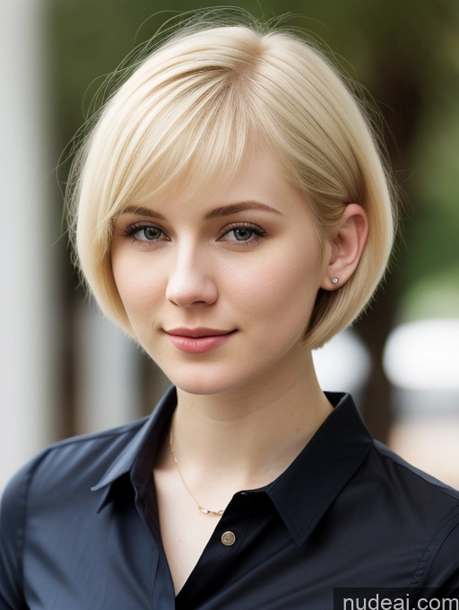 ai nude image of blond woman with short hair and blue shirt posing for a picture pics of Woman One Beautiful Fairer Skin 18 Blonde Short Hair Russian Shirt Close-up View