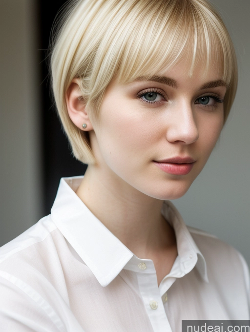 ai nude image of blond woman with short hair and white shirt looking at camera pics of Woman One Beautiful Fairer Skin 18 Blonde Short Hair Russian Shirt Close-up View