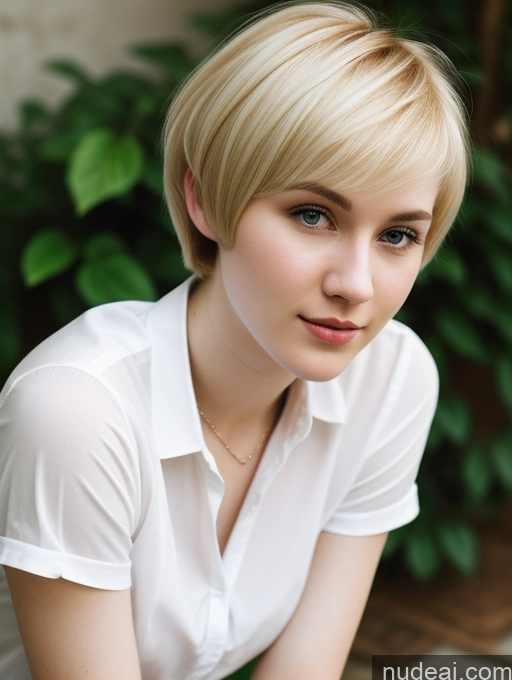 ai nude image of blond woman with short hair and white shirt posing for a picture pics of Woman One Beautiful Fairer Skin 18 Blonde Short Hair Russian Shirt Close-up View