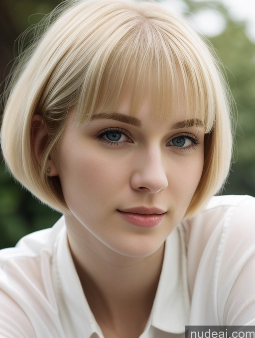 ai nude image of blond woman with blue eyes and a white shirt posing for a picture pics of Woman One Beautiful Fairer Skin 18 Blonde Short Hair Russian Shirt Close-up View