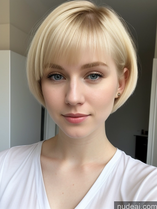 ai nude image of blond woman with short hair and blue eyes posing for a picture pics of Woman One Beautiful Fairer Skin 18 Blonde Short Hair Russian Shirt Close-up View