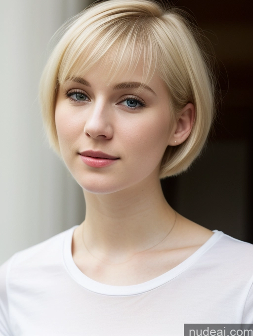 ai nude image of blond woman with blue eyes and a white shirt posing for a picture pics of Woman One Beautiful Fairer Skin 18 Blonde Short Hair Russian Shirt Close-up View