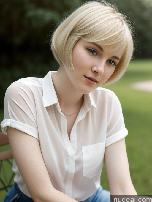 ai nude image of blond woman sitting on a bench in a park with a white shirt pics of Woman One Beautiful Fairer Skin 18 Blonde Short Hair Russian Shirt Close-up View