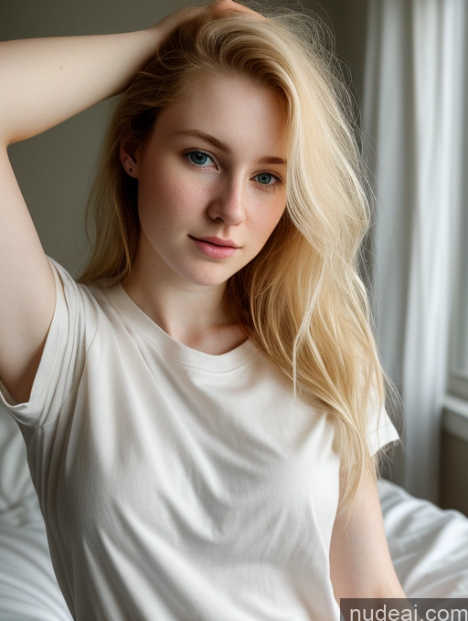 ai nude image of blonde woman sitting on a bed with her hands on her head pics of Woman One Beautiful Fairer Skin 18 Blonde Russian Shirt Close-up View Messy