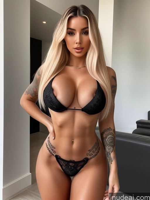 ai nude image of arafed woman in a black bikini and panties posing for a picture pics of One Perfect Boobs Beautiful Tattoos Small Ass Abs Perfect Body Dark Skin Black Hair Long Hair Nude Front View Busty Bimbo 20s