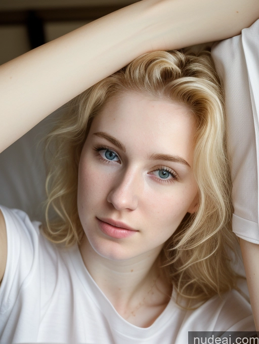 ai nude image of blond woman with blue eyes and a white shirt holding a cell phone pics of Woman Beautiful Fairer Skin 18 Blonde Messy Russian Close-up View Shirt