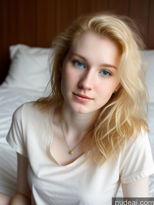 ai nude image of blond woman with blue eyes sitting on a bed in a room pics of Woman Beautiful Fairer Skin 18 Blonde Messy Russian Close-up View Shirt