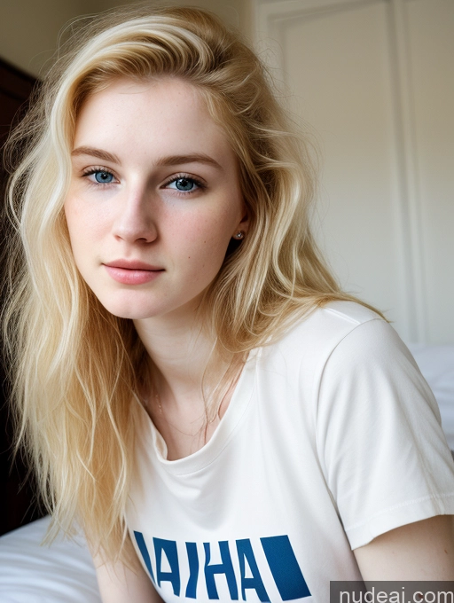 ai nude image of blonde woman with blue eyes sitting on a bed in a white shirt pics of Woman Beautiful Fairer Skin 18 Blonde Messy Russian Close-up View Shirt