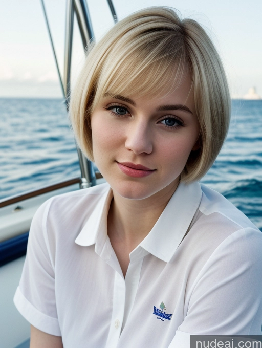 ai nude image of blond woman in white shirt sitting on a boat looking at the camera pics of Woman Beautiful Fairer Skin 18 Blonde Russian Close-up View Shirt Short Hair Yacht