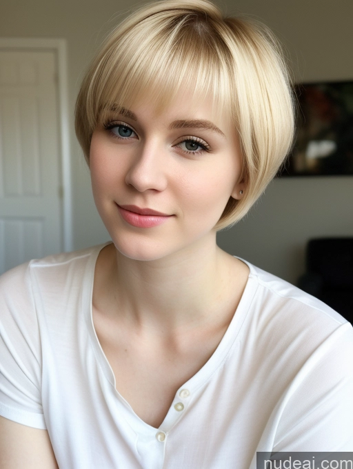 ai nude image of blond woman with short hair and white shirt posing for a picture pics of Woman Beautiful Fairer Skin 18 Blonde Short Hair Russian Close-up View Shirt