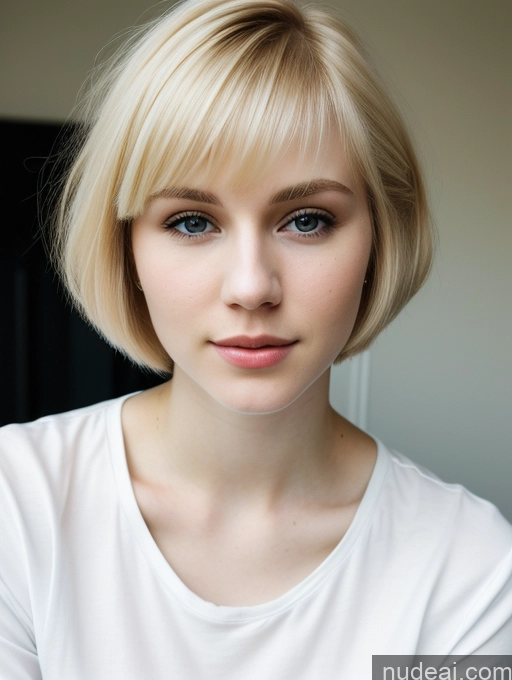 ai nude image of blond woman with short hair and blue eyes posing for a picture pics of Woman Beautiful Fairer Skin 18 Blonde Short Hair Russian Close-up View Shirt