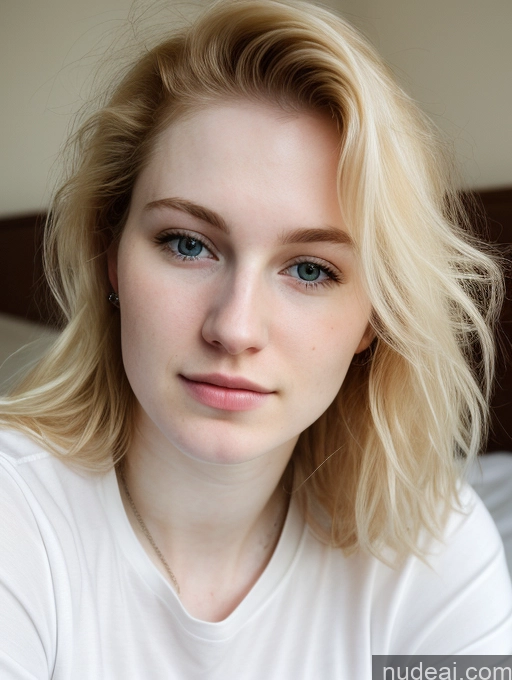 ai nude image of blond woman with blue eyes and a white shirt sitting on a bed pics of Woman Beautiful Fairer Skin 18 Blonde Russian Close-up View Shirt Messy