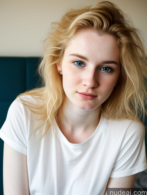 ai nude image of blond woman with blue eyes and white shirt sitting on a bed pics of Woman Beautiful Fairer Skin 18 Blonde Russian Close-up View Shirt Messy