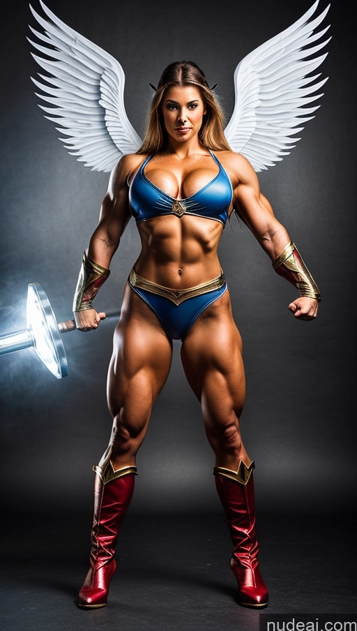 ai nude image of a woman in a blue bikini and angel wings holding a sword pics of Angel Viking Bodybuilder Busty Superhero Abs Muscular Powering Up