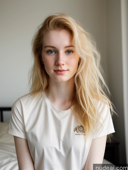 ai nude image of blonde woman with blue eyes sitting on a bed in a white shirt pics of Woman Beautiful Fairer Skin 18 Blonde Russian Close-up View Shirt Messy