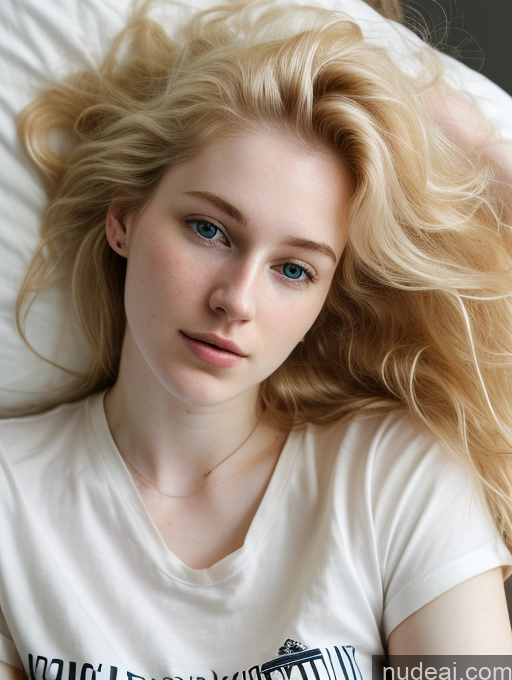 ai nude image of blond woman with blue eyes laying on a bed with a white shirt pics of Woman Beautiful Fairer Skin 18 Blonde Russian Close-up View Shirt Messy