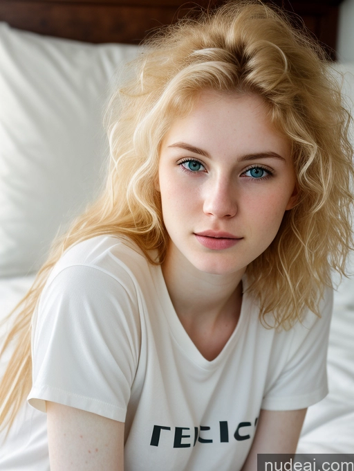 ai nude image of blonde woman with blue eyes sitting on a bed in a white shirt pics of Woman Beautiful Fairer Skin 18 Blonde Russian Close-up View Shirt Messy