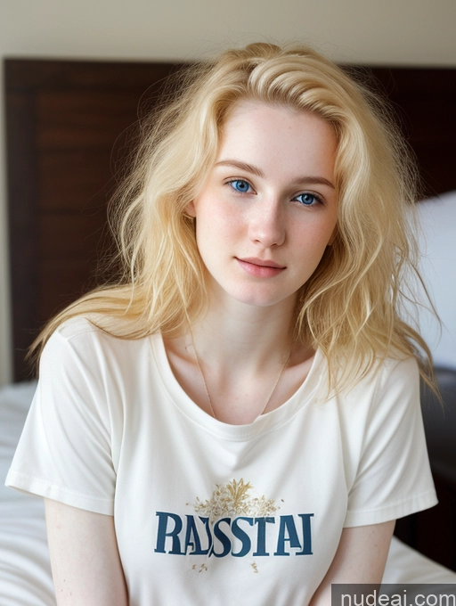 ai nude image of blond woman with blue eyes sitting on a bed in a bedroom pics of Woman Beautiful Fairer Skin 18 Blonde Russian Close-up View Shirt Messy