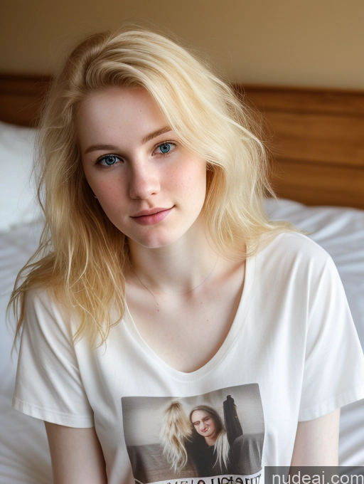 ai nude image of blond woman with blue eyes sitting on a bed in a white shirt pics of Woman Beautiful Fairer Skin 18 Blonde Russian Close-up View Shirt Messy